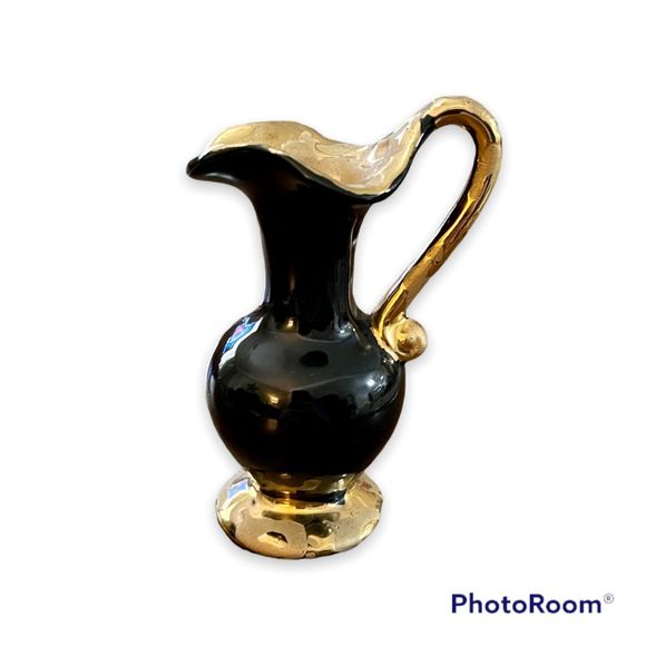 Vintage 24k Gold and Black Ceramic Painted Vase 70s